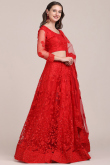 Red Sangeet Thread Embroidered Lehenga in Net