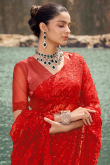 Red Net Embroidered Light Weight Saree