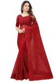 Party Wear Thread Embroidered Saree in Net Red