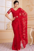 Party Wear Beads Embroidered Saree in Net Red