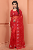 Saree in Net Red with Resham Embroidery for Party 