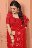 Saree in Net Red with Resham Embroidery for Party 