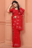 Saree in Net Red with Resham Embroidery for Party 