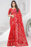 Party Wear Pearl Embroidered Red Saree in Net