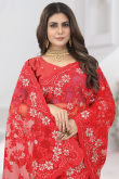 Party Wear Pearl Embroidered Red Saree in Net