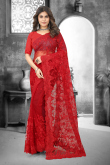 Red Net Saree with Resham, Stone, and Thread Work