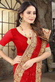 Red Net Saree With Zari Work For Festival