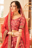 Red Printed Art Silk Lehenga Choli With Embroidered 