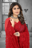 Red Resham Thread Embroidered Saree in Net 