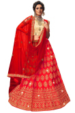 Red Satin A Line Embroidered Lehenga