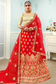 Red Party Wear Stone Embroidered Lehenga in Satin