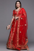 Party Wear Zari Embroidered Red Lehenga in Satin