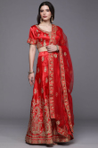 Party Wear Zari Embroidered Red Lehenga in Satin