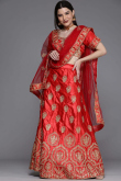 Lehenga for Wedding Wear in Satin Red with Dori embroidery