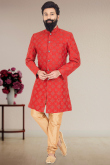 Red Silk Resham Embroidered Sherwani With Zari Work