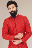 Red Silk Resham Embroidered Sherwani With Zari Work