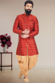 Red Silk Embroidered Men Sherwani