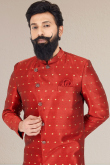 Red Silk Embroidered Men Sherwani