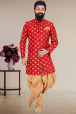 Red Silk Zari Embroidered Sherwani With Dhoti