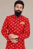 Red Silk Zari Embroidered Sherwani With Dhoti
