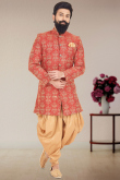 Red Silk Thread Embroidered Sherwani With Dhoti