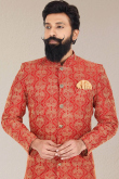 Red Silk Thread Embroidered Sherwani With Dhoti