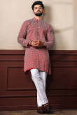 Red Silk Resham Embroidered Men's Kurta Pajama