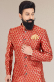 Red Silk Straight Cut Men Sherwani