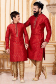Red Silk Woven Father-Son Duo Kurta With Churidar