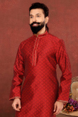 Red Silk Woven Men Kurta Churidar