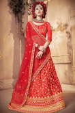 Red Thread Embroidered Silk Wedding Wear Lehenga