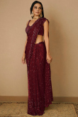 Dori Embroidered Dark Maroon Fancy Saree In Net 