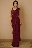 Dori Embroidered Dark Maroon Fancy Saree In Net 