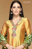 Resham Embroidered Dupion Golden Yellow Straight Pant Suit for Eid
