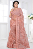 Resham Embroidered Dusty Peach Net Heavy Saree 