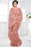 Resham Embroidered Dusty Peach Net Heavy Saree 