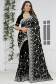 Resham Embroidered Net Black Saree