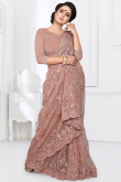 Resham Embroidered Net Dusty Pink Heavy Saree