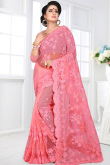 Resham Embroidered Net Salmon Pink Heavy Saree
