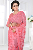 Resham Embroidered Net Salmon Pink Heavy Saree