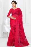 Resham Embroidered Ruby Pink Net Heavy Saree