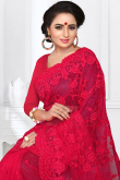 Resham Embroidered Ruby Pink Net Heavy Saree