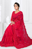 Resham Embroidered Ruby Pink Net Heavy Saree