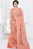 Resham Embroidered Salmon Peach Net Heavy Saree