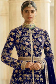 Resham Embroidered Velvet Dark Blue Anarkali Suit with Skirt