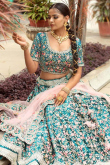 Resham Embroidered Velvet Turquoise Blue Lehenga