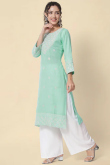 Resham Thread Embroidered Cotton Kurti in Mint Blue Color