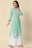 Resham Thread Embroidered Cotton Kurti in Mint Blue Color