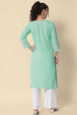 Resham Thread Embroidered Cotton Kurti in Mint Blue Color