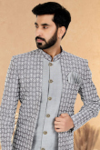 Resham Thread Embroidered Dupion Silk Light Grey Men Sherwani
